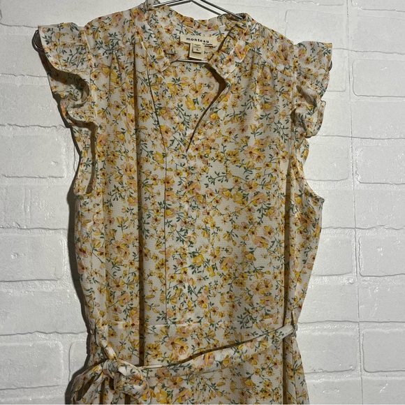 Womens Monteau Dress with Ruffle Sleeves & Waist Tie Floral Yellow Large - Picture 2 of 8